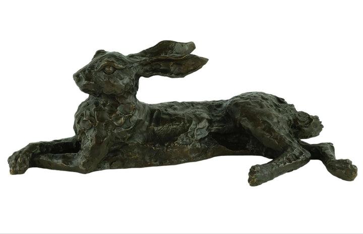Large bronze reclining hare sculpture, detailed design with warm patina, dimensions 22x29x63 cm, decorative animal art.