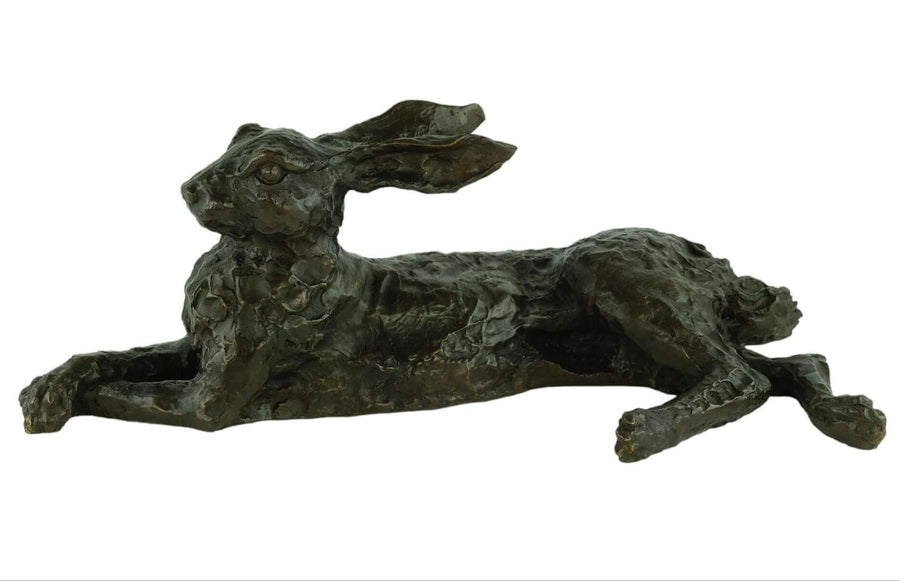 Large bronze reclining hare sculpture, detailed design with warm patina, dimensions 22x29x63 cm, decorative animal art.