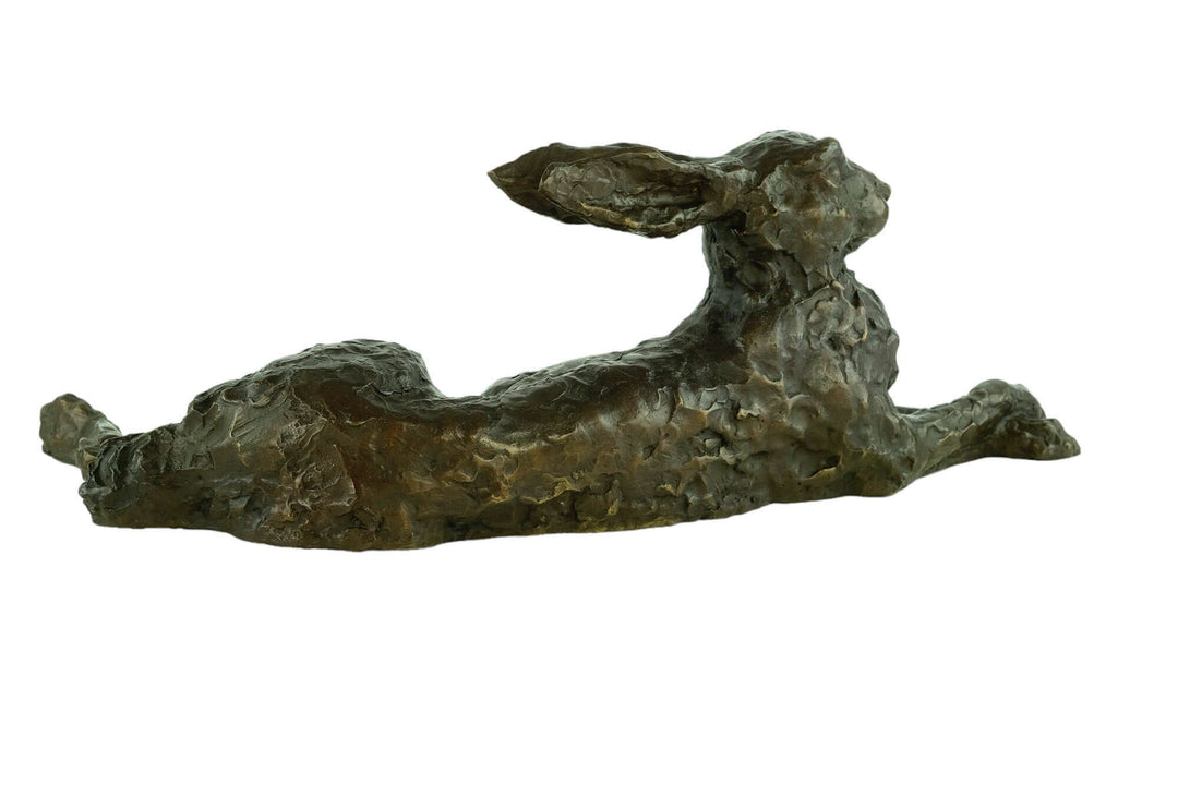 Large bronze reclining hare sculpture with fine detail and a warm brown patina, measuring 22 x 29 x 63 cm.