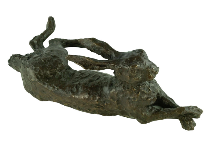 Large bronze reclining hare sculpture with detailed design, warm brown patina, and eye-catching artistic display.