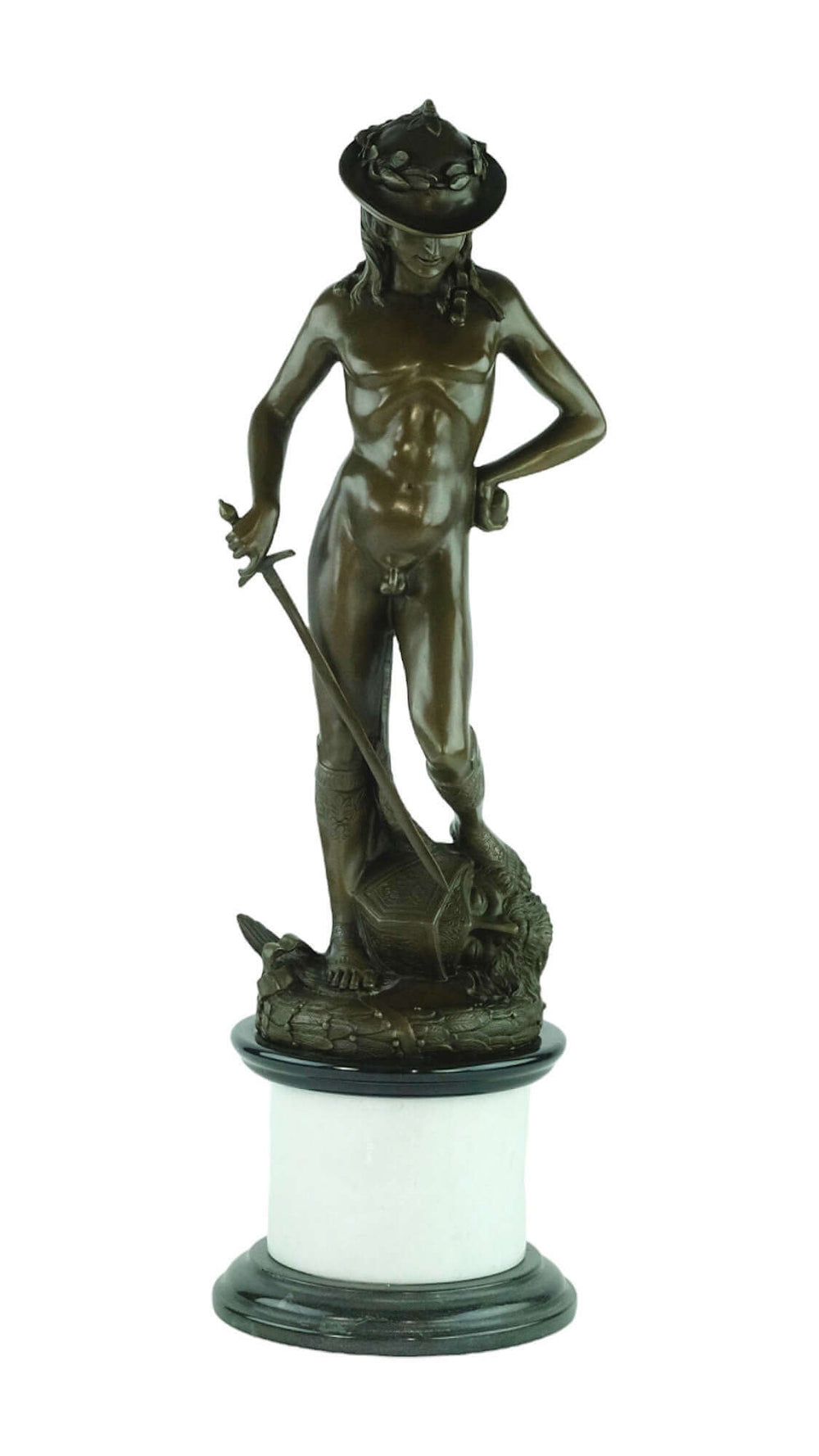 Large bronze sculpture of David triumphing over Goliath, detailed and mounted on a multi-colored marble base.