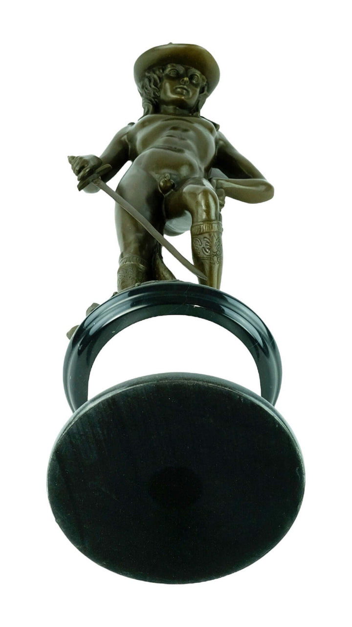 Large bronze sculpture of David triumphing over Goliath, detailed with a marble base, 65 cm tall.