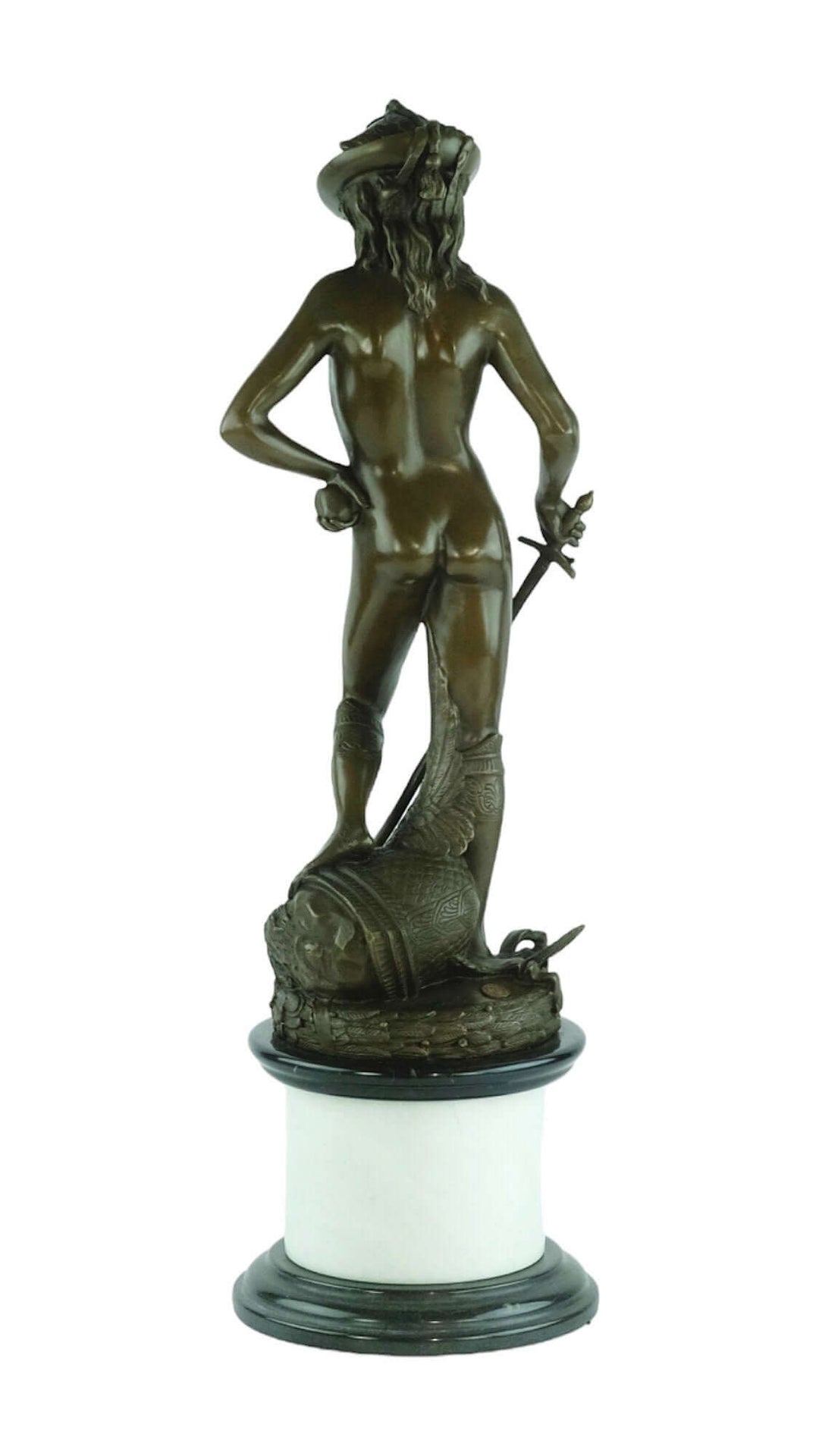 Large bronze sculpture of David triumphing over Goliath, detailed and mounted on a multi-coloured marble base.