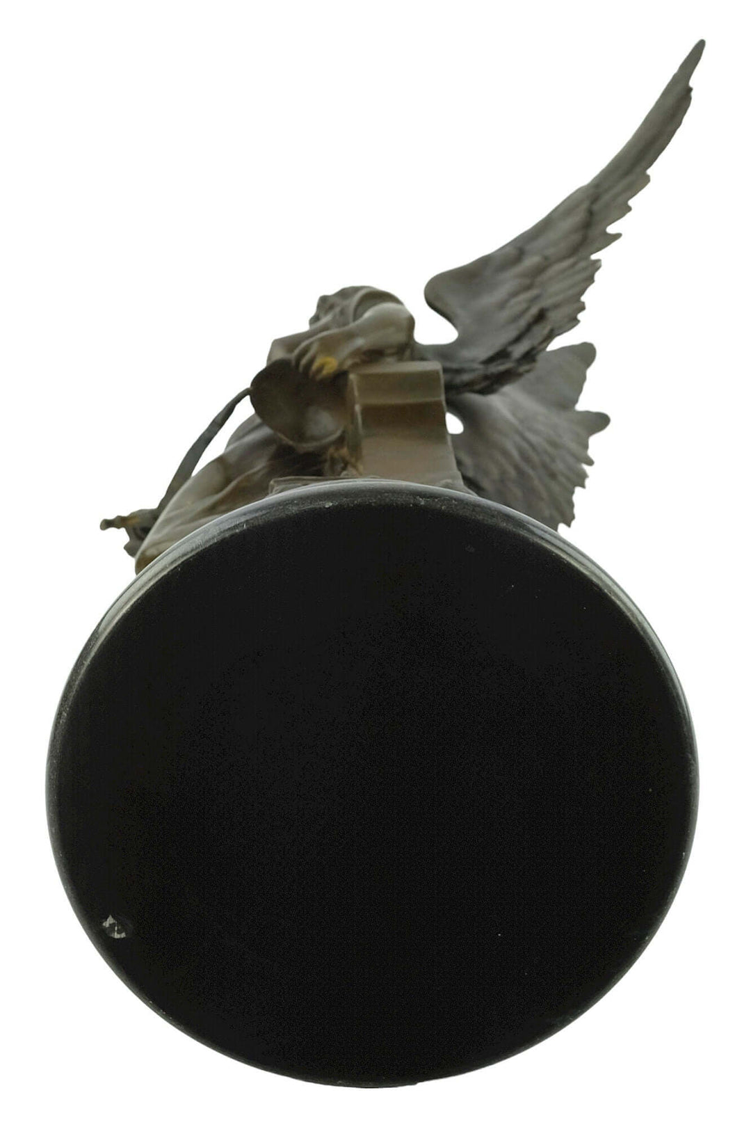 Bottom view of large bronze sculpture of Minerva, Roman goddess of wisdom, mounted on a marble base.