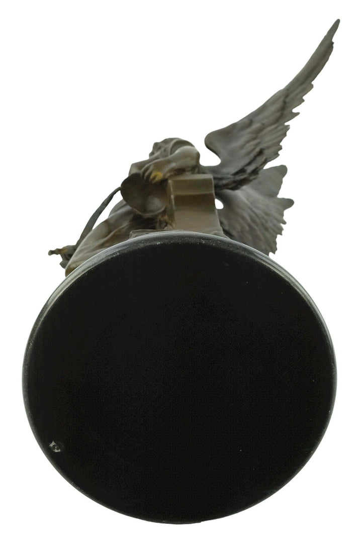 Bottom view of large bronze sculpture of Minerva, Roman goddess of wisdom, mounted on a marble base.