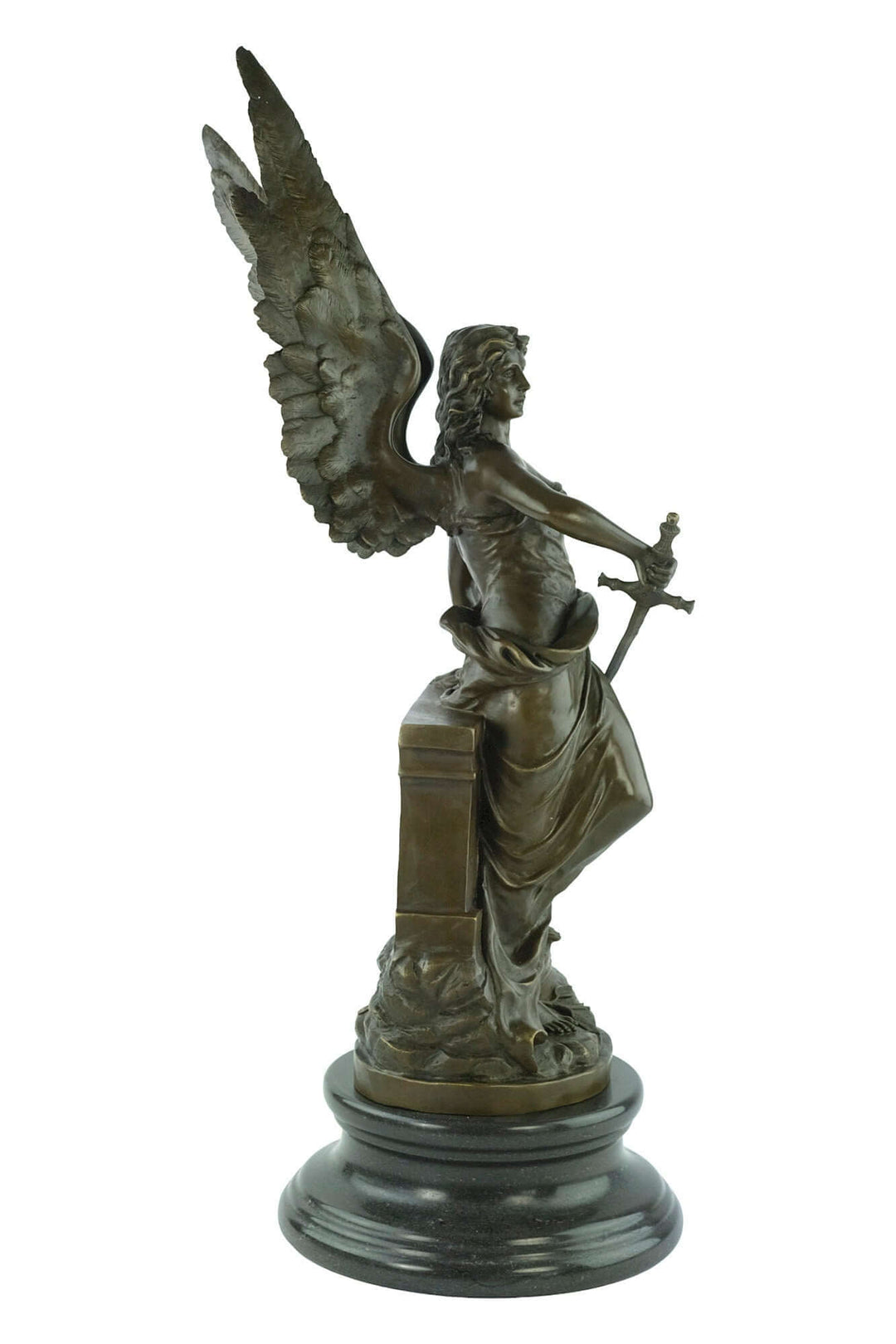 Large bronze sculpture of winged Minerva with sword, mounted on a round marble base, 74 cm tall.