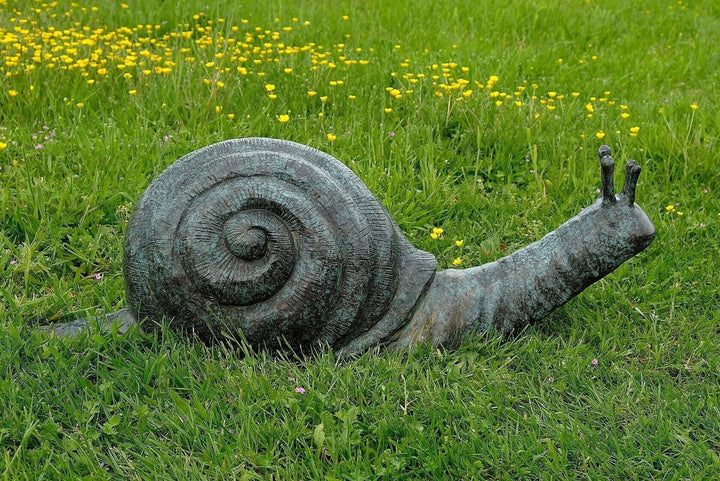 Large bronze snail sculpture with intricate details, perfect for enhancing garden aesthetics and functionality.