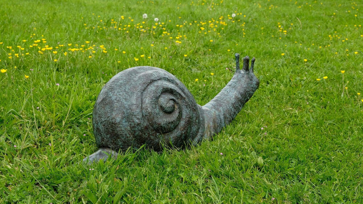 Large bronze snail sculpture resting on green grass, perfect for enhancing garden decor and functioning as a fountain.