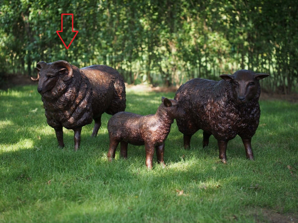 Lifesize bronze ram sculpture with lamb and sheep, intricately detailed, perfect for outdoor display.