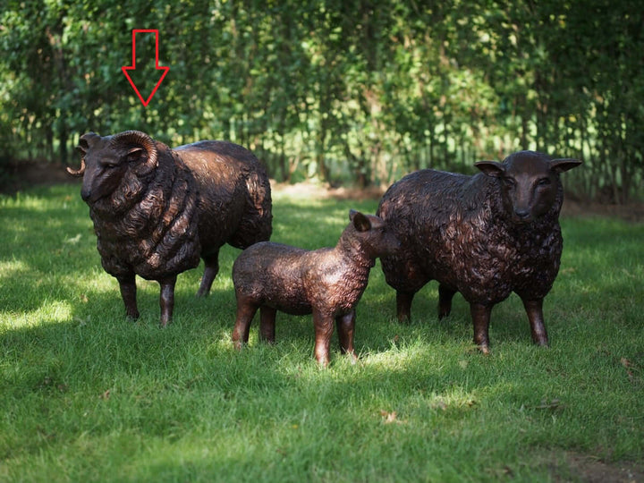 Lifesize bronze ram sculpture with lamb and sheep, intricately detailed, perfect for outdoor display.