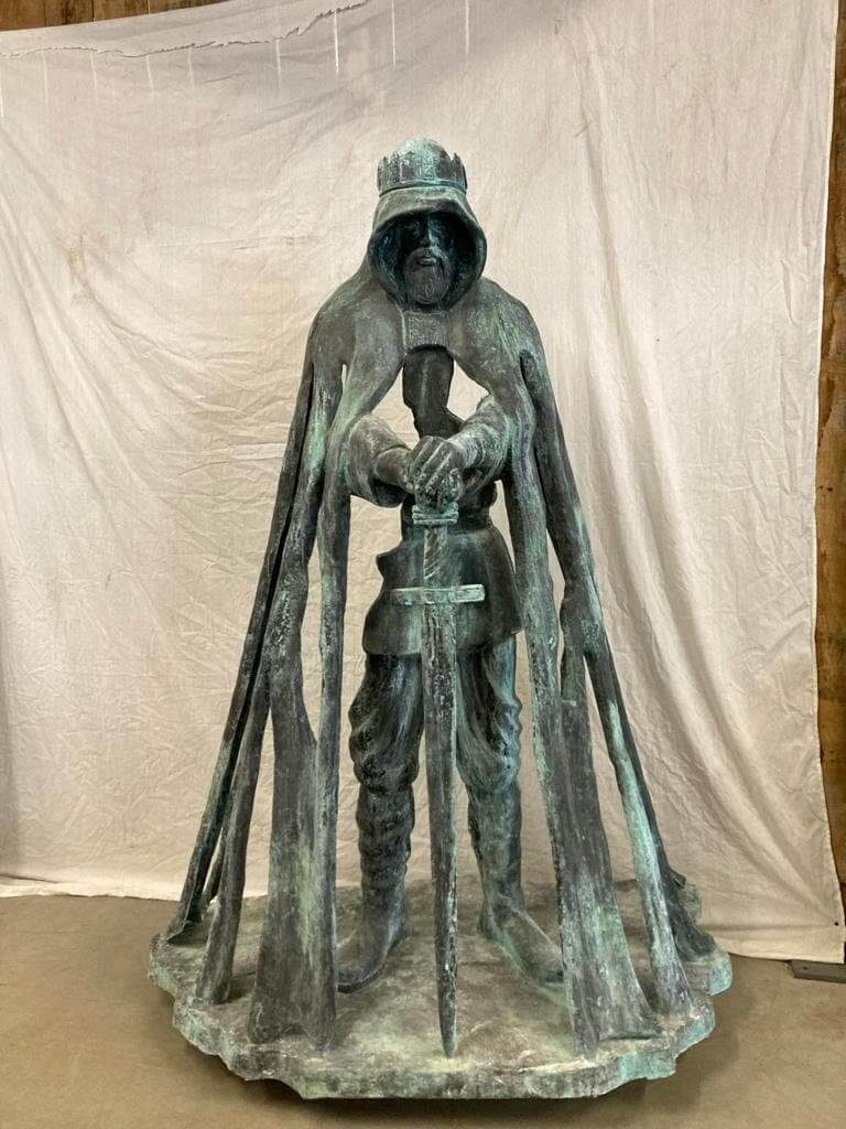 Lifesize bronze sculpture of King Arthur, inspired by 'Gallos' by Rubin Eynon, showcasing intricate details.