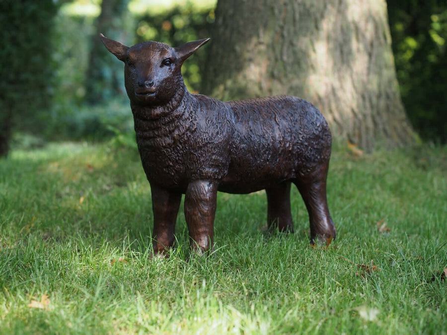 Lifesize bronze sculpture of a lamb standing on grass, showcasing detailed features and brown patina finish.