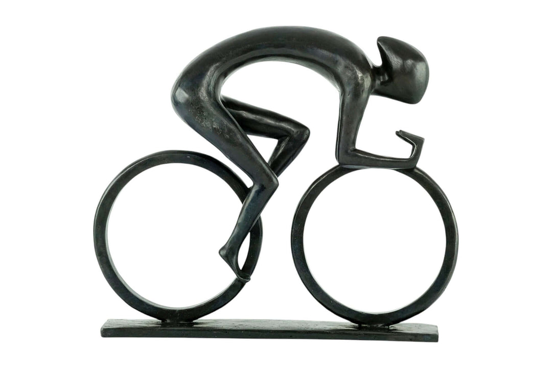 Modern bronze sculpture of a cyclist in motion, showcasing sleek design and dynamic energy, perfect for enthusiasts.