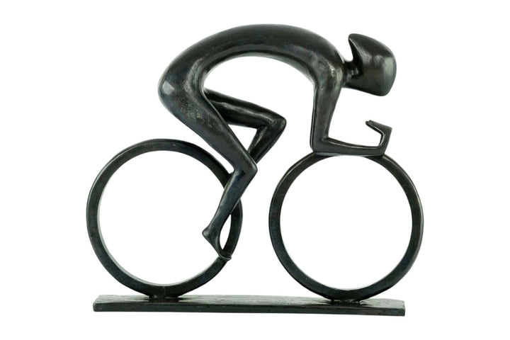 Modern bronze sculpture of a cyclist in motion, showcasing sleek design and dynamic energy, perfect for enthusiasts.