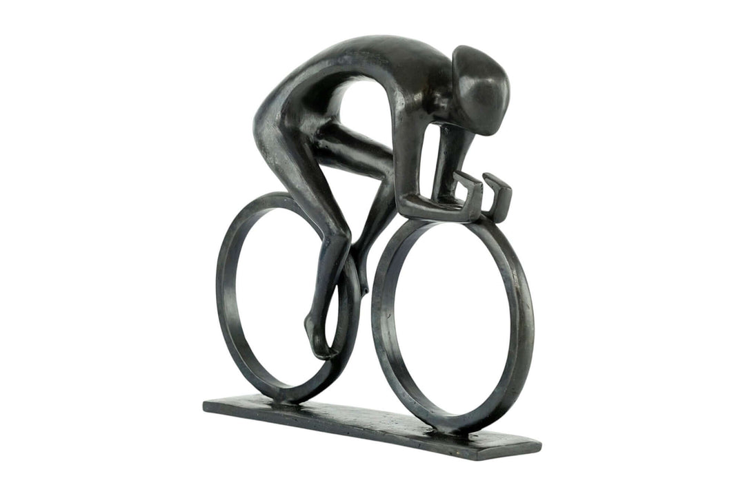 Modern bronze sculpture of a cyclist in motion, showcasing energy and style, perfect for cycling enthusiasts.