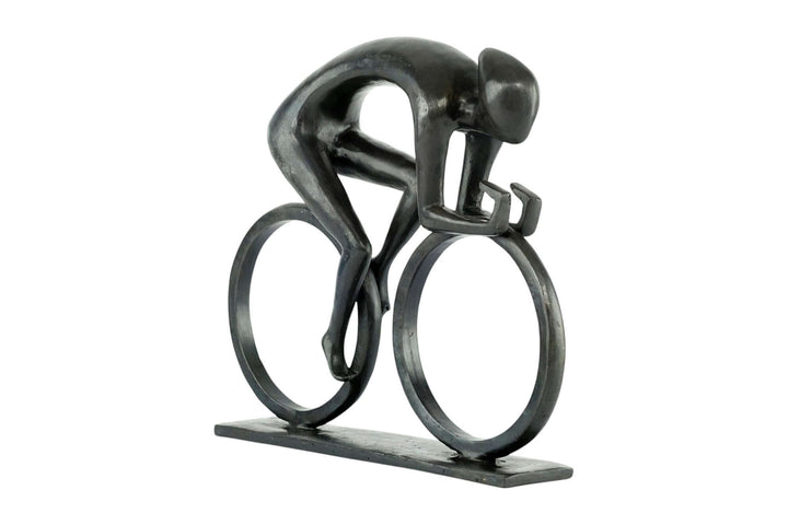 Modern bronze sculpture of a cyclist in motion, showcasing energy and style, perfect for cycling enthusiasts.