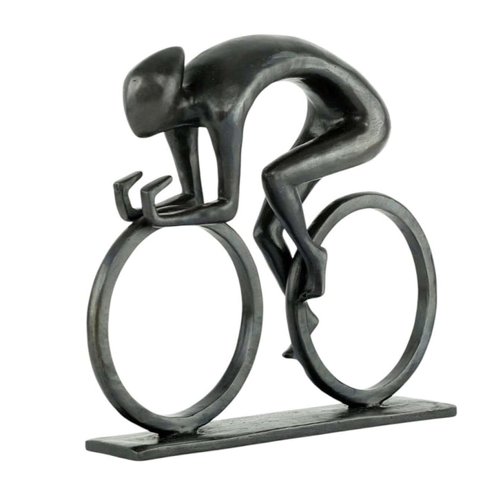 Dynamic bronze sculpture of a cyclist at full speed, showcasing sleek lines and dark patina finish. Perfect for cycling enthusiasts.