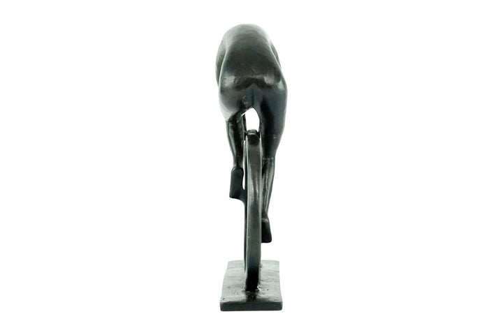 Dynamic bronze sculpture of a cyclist from behind, highlighting speed and motion in modern art design.