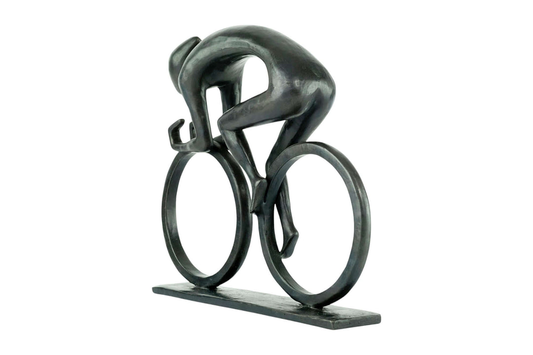 Modern bronze sculpture of a cyclist at full speed, showcasing dynamic motion and sleek design.