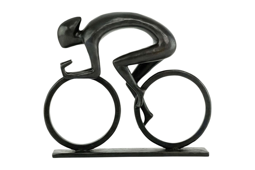 Modern bronze sculpture of a cyclist at full speed, capturing motion and energy, perfect for cycling enthusiasts.