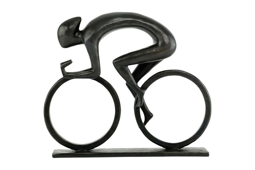 Modern bronze sculpture of a cyclist at full speed, capturing motion and energy, perfect for cycling enthusiasts.