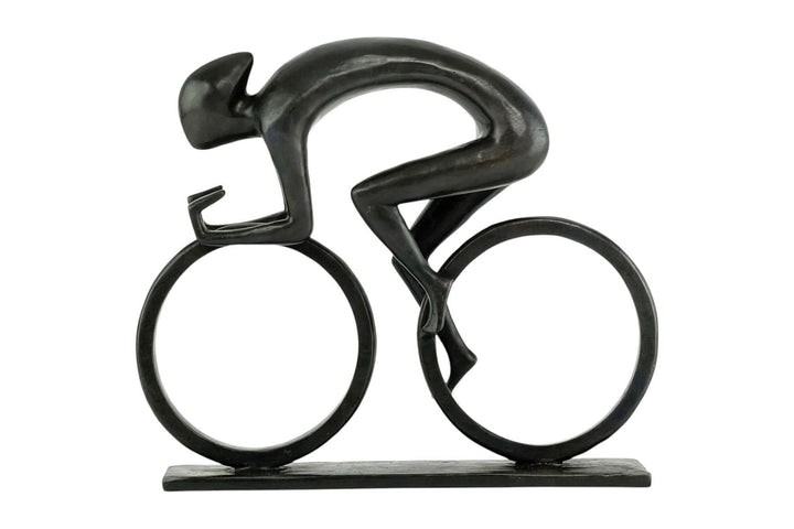 Modern bronze sculpture of a cyclist at full speed, capturing motion and energy, perfect for cycling enthusiasts.