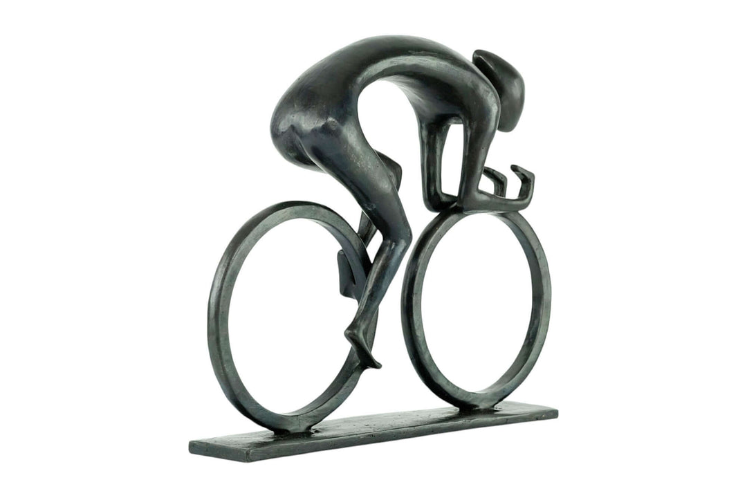Dynamic bronze sculpture of a cyclist capturing speed and motion, perfect gift for cycling enthusiasts.
