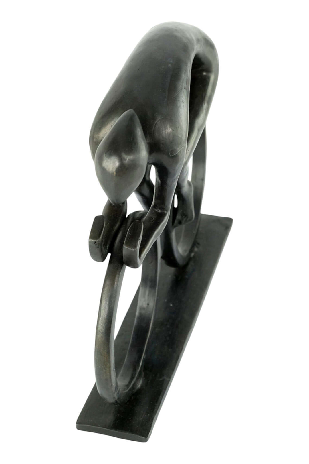 Modern bronze sculpture of a cyclist in motion, showcasing sleek lines and a dark patina finish.