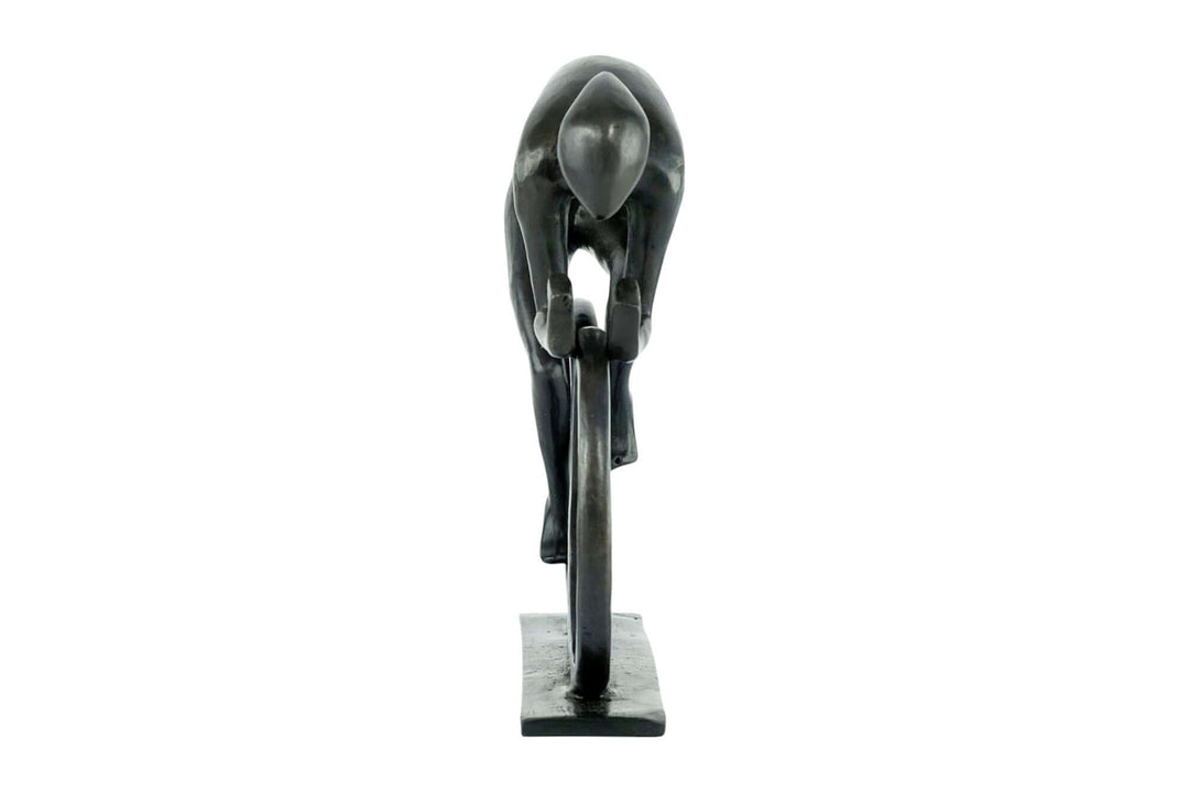 Modern bronze sculpture of a cyclist at full speed, showcasing dynamic motion and sleek design.