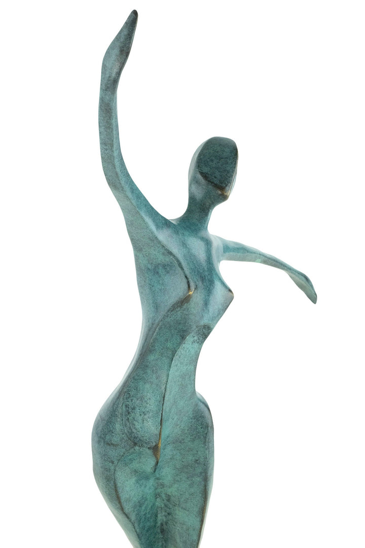 Modern bronze sculpture of a dancing female with green patina, abstract design, signed 'Milo', 53 cm tall.
