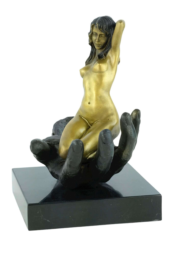 Modern bronze sculpture of a nude female in a male hand, symbolizing trust and protection, 22 cm tall.