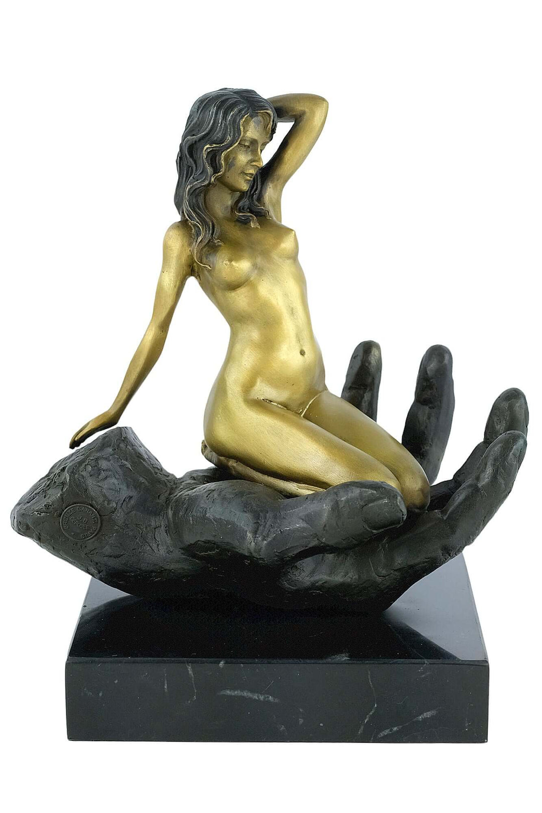 Modern bronze sculpture of a female nude in a hand, symbolizing trust, with gold patina and dark marble base.