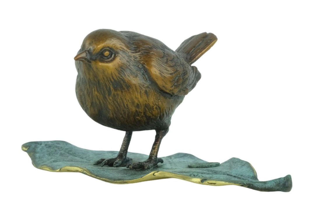 Modern bronze sparrow sculpture on a leaf with multi-coloured patina, signed by artist Nick.