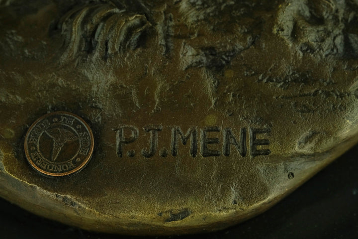 Close-up of the signature P.J. Mene on the bronze sculpture, showcasing authenticity and craftsmanship.