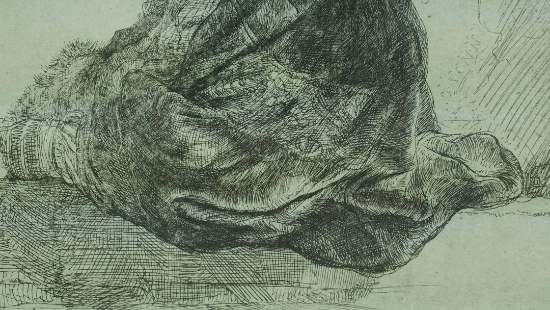 Close-up of Rembrandt's self-portrait etching 'Leaning on a stone sill', showcasing intricate details and textures.
