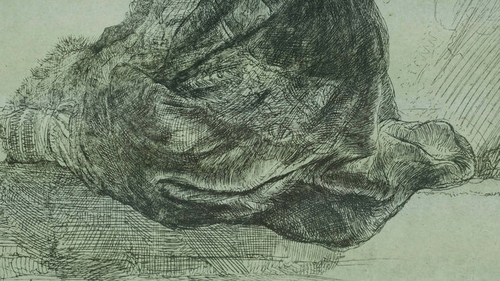 Close-up of Rembrandt's self-portrait etching 'Leaning on a stone sill', showcasing intricate details and textures.