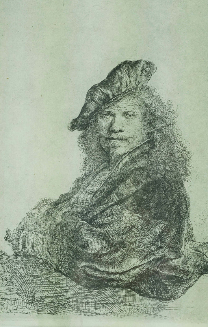 Framed etching of Rembrandt's self-portrait 'Leaning on a stone sill,' showcasing 17th-century artistry.