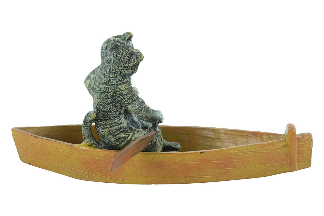 Vienna bronze cat sculpture in a rowing boat, ideal gift for cat lovers, 6 x 13 cm, pastel colors.