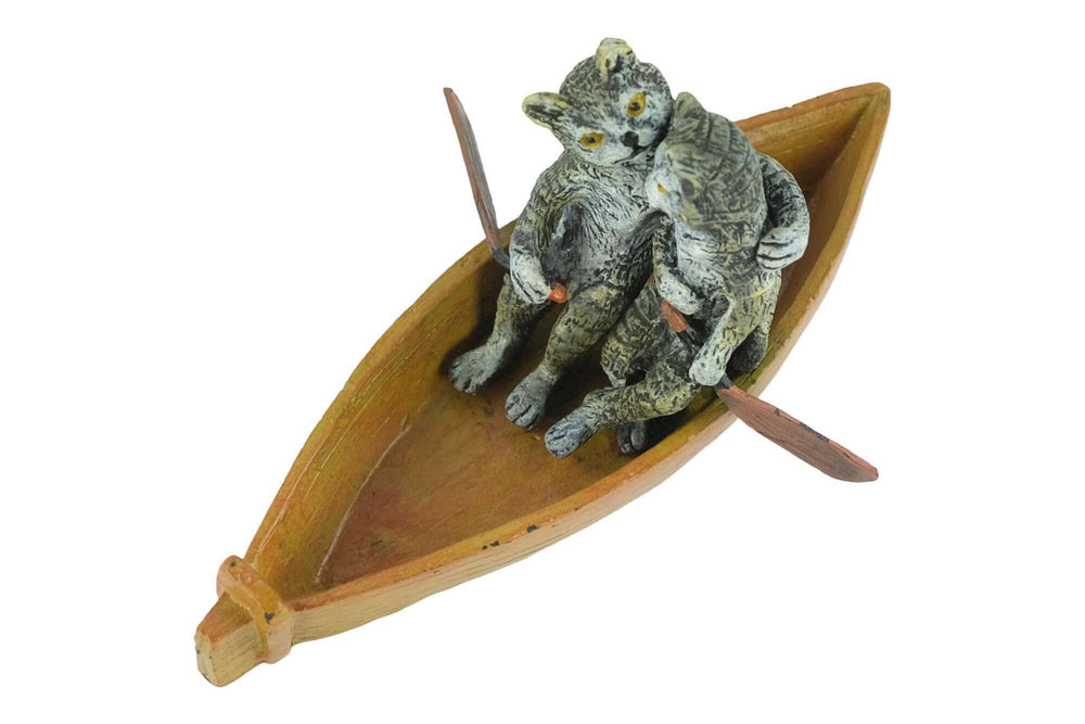 Bronze cat sculpture of a loving couple in a rowing boat, cold painted in pastel colors, cat lovers gift.