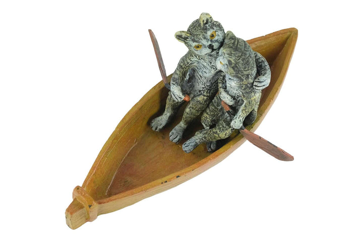 Bronze cat sculpture of a loving couple in a rowing boat, cold painted in pastel colors, cat lovers gift.