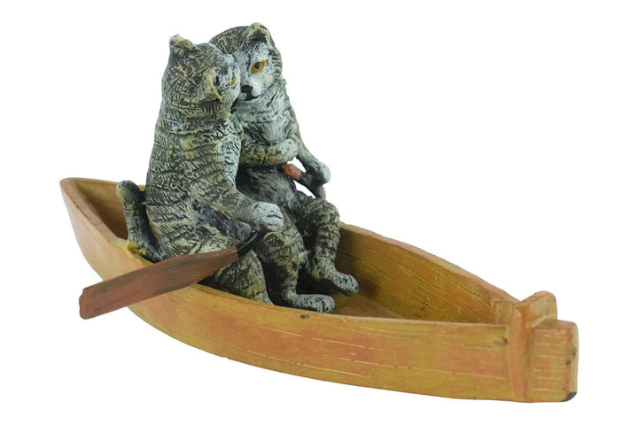Bronze cat sculpture of two cats in a rowing boat, cold painted, perfect gift for cat lovers and collectors.