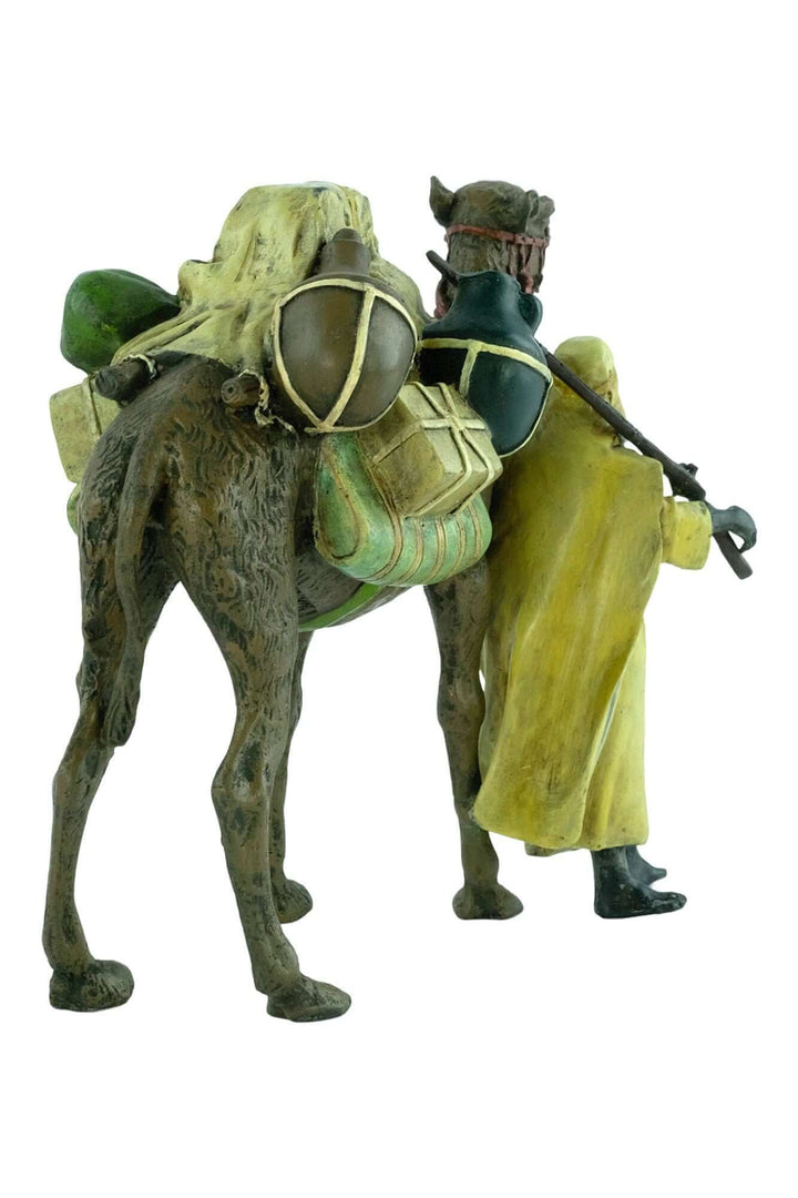 Bronze sculpture of a soldier with dromedary, cold painted, Vienna style, 13x16 cm, Bergman inspired art.