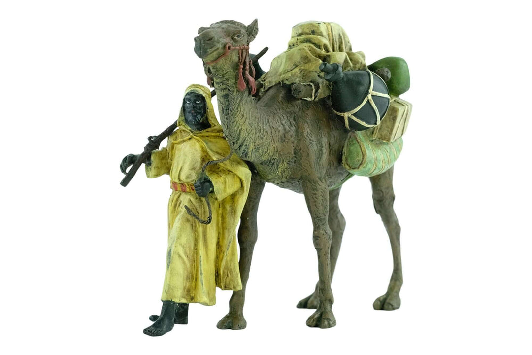 Vienna Bronze Dromedary and Soldier Figurine by Franz Bergman, cold painted sculpture in soft pastels.