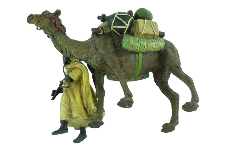Vienna bronze figurine of a dromedary and soldier, cold painted in pastel colors, detailed craftsmanship, 13x16cm.