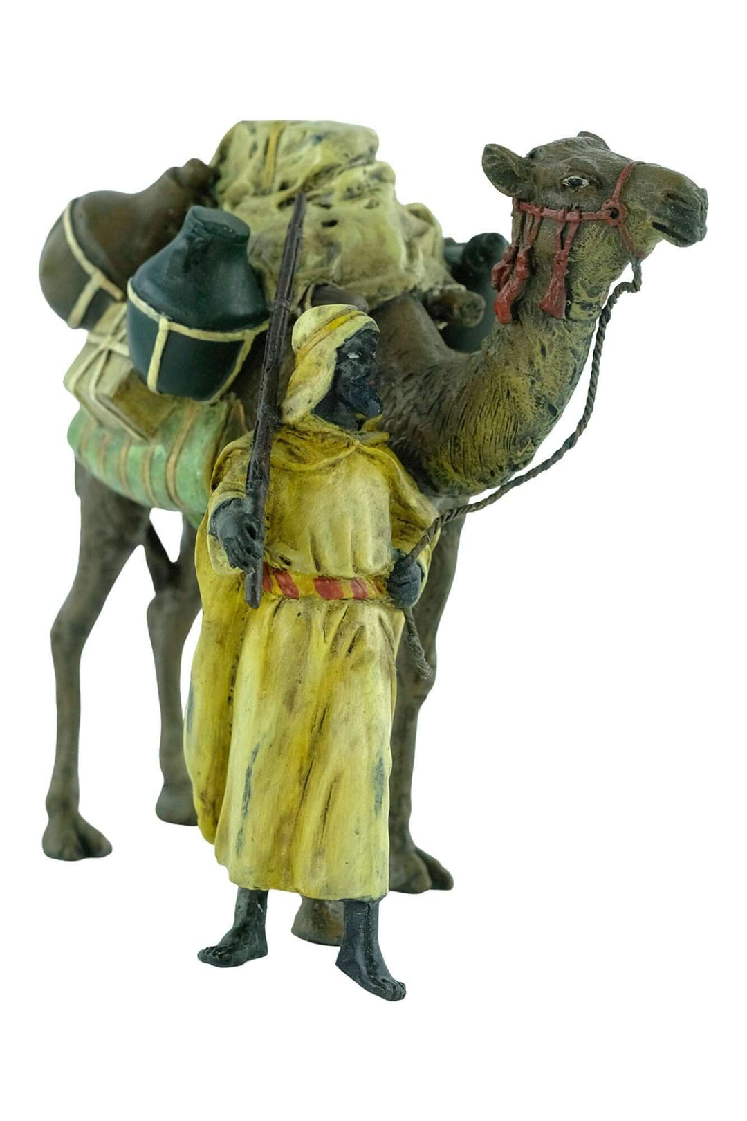 Bronze figurine of a soldier with dromedary, cold painted in soft pastel colors, in Vienna bronze style.