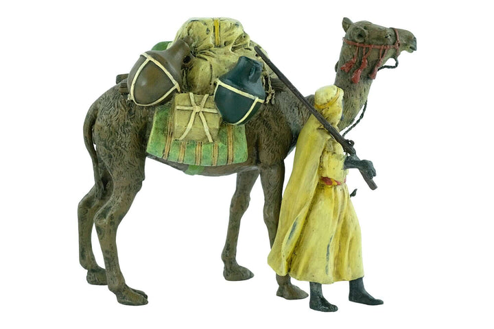 Vienna bronze figurine of a soldier with dromedary, cold painted sculpture with intricate details.