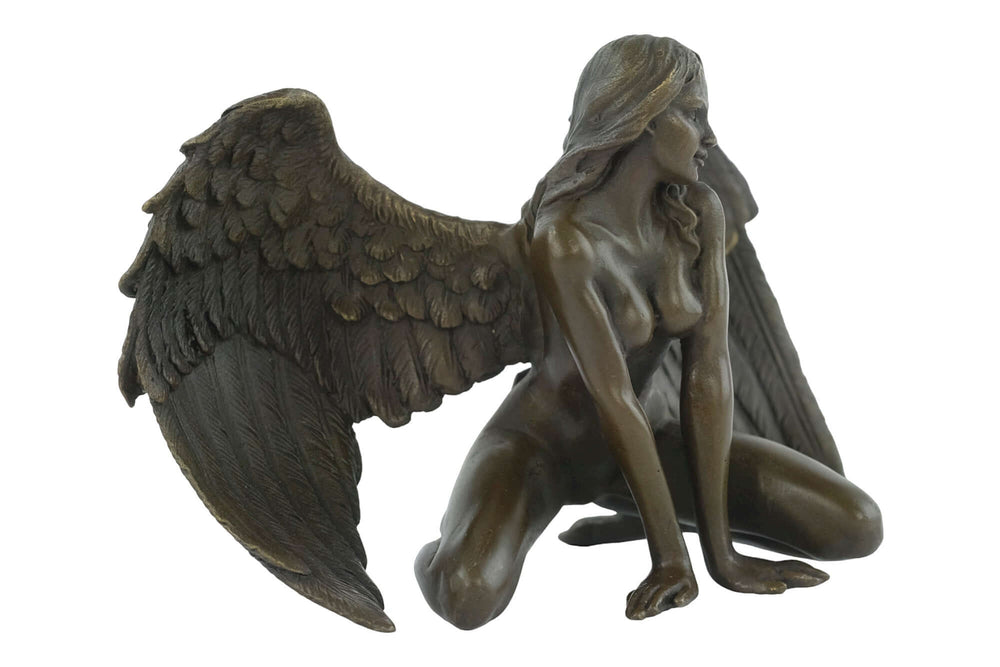 Bronze sculpture of a winged female nude leaning forward, signed 'J. Patoue', with intricate details and warm patina.